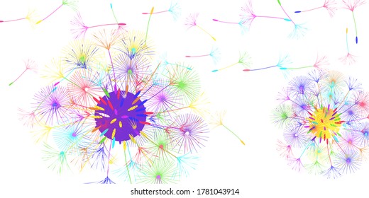Dandelion background for your design. The wind blows dandelion seeds. Natural background. Brochure creative design. Vector template.