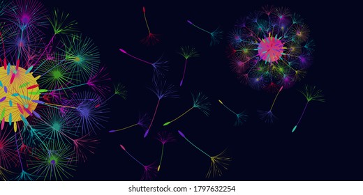 Antecedentes de Dandelion para tu diseño. El viento sopla semillas de león. Fondo natural. Folleto del folleto publicitario. Plantilla de vectores.