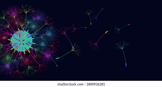 Dandelion background for your design. The wind blows dandelion seeds. Floral background. Advertising flyer brochure. Vector template.