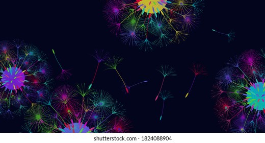 Dandelion background for your design. The wind blows dandelion seeds. Natural background. Brochure creative design. Vector template.