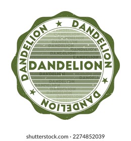 Dandelion badge. Grunge word round stamp with texture in a botanical color theme. Vintage style geometric dandelion seal with gradient stripes. Captivating vector illustration.