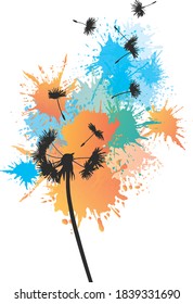 Dandelion black silhouettes on background of colorful summer spray. T- Shirt design