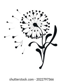 Dandelion black vector silhouette cricut file illustration.Abstract flower leaves stencil drawing.Floral decoration design element.Tattoo.Vinyl wall sticker decal.Plotter laser cutting.Cut file.Decor.