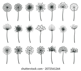 Dandelion blowball botanical fluff flower silhouettes. Hand blooming dandelion blowball vector flat illustration set. Dandelion seeds plants silhouettes. Dandelion botanical floral, nature flowers