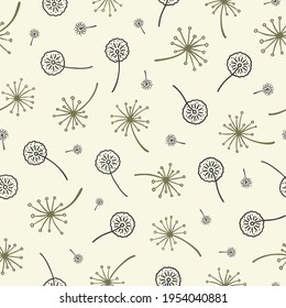 Patrón sin fisuras de dandelion. Patrón de plantas de hierba de Hogweed. Bolas de cangrejo de Dandelion sonando. Tranquilidad, simplicidad y minimalismo. Textura de verano para tela textil, papel. Patrón vectorial de plantas silvestres.
