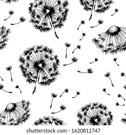 Dandelion blowing hand drawn vector seamless pattern