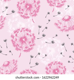 Dandelion blowing hand drawn vector seamless pattern