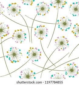 Dandelion blowing plant vector floral seamless pattern. May flowers with heart shaped fluff flying. Dandelion herbs meadow flowers floral background design. Meadow blossom textile print graphics.