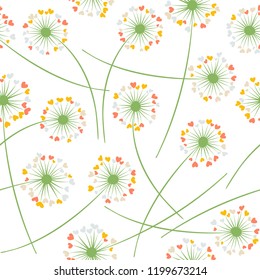 Dandelion blowing plant vector floral seamless pattern. Cute flowers with heart shaped petals. Dandelion herbs meadow flowers floral background design. Hearts love symbols meadow blossom.