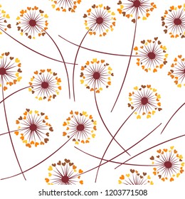 Dandelion blowing plant vector floral seamless pattern. May flowers with heart shaped fluff flying. Dandelion herbs meadow flowers floral pattern design. Meadow blossom fabric print graphics.