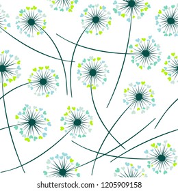 Dandelion blowing plant vector floral seamless pattern. Spring flowers with heart shaped petals. Dandelion herbs meadow flowers floral background design. Meadow blossom textile print.