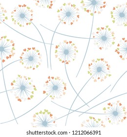 Dandelion blowing plant vector floral seamless pattern. Spring flowers with heart shaped fluff flying. Dandelion herbs meadow flowers floral background design. Meadow blossom fabric print.