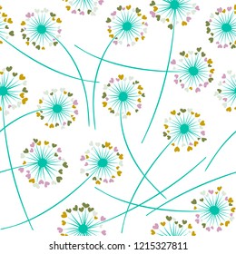 Dandelion blowing plant vector floral seamless pattern. Lovely flowers with heart shaped fluff flying. Dandelion herbs meadow flowers floral background design. Meadow blossom with hearts petals.