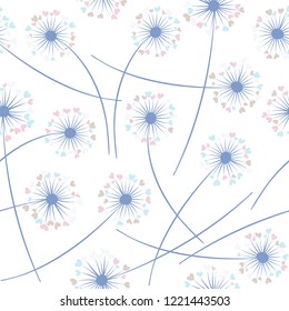 Dandelion blowing plant vector floral seamless pattern. Lovely flowers with heart shaped petals. Dandelion herbs meadow flowers floral pattern design. Meadow blossom with hearts petals.