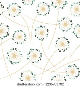 Dandelion blowing plant vector floral seamless pattern. Spring flowers with heart shaped petals. Vector dandelion herbs meadow flowers floral background. Meadow blossom textile print graphics.