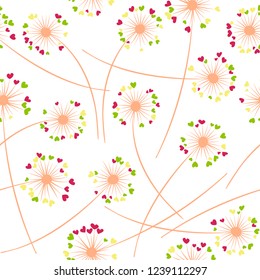 Dandelion blowing plant vector floral seamless pattern. Spring flowers with heart shaped fluff flying. Dandelion herbs meadow flowers floral pattern design. Meadow blossom fabric print.