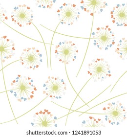 Dandelion blowing plant vector floral seamless pattern. May flowers with heart shaped petals. Vector dandelion herbs meadow flowers floral background. Hearts love symbols meadow blossom.