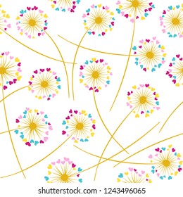 Dandelion blowing plant vector floral seamless pattern. May flowers with heart shaped petals. Dandelion herbs meadow flowers floral background design. Meadow blossom with hearts petals.
