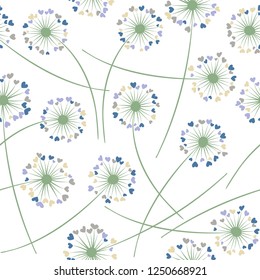 Dandelion blowing plant vector floral seamless pattern. May flowers with heart shaped petals. Dandelion herbs meadow flowers floral pattern design. Meadow blossom fabric print graphics.