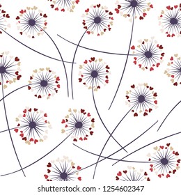 Dandelion blowing plant vector floral seamless pattern. Cute flowers with heart shaped fluff flying. Vector dandelion herbs meadow flowers floral background. Meadow blossom with hearts petals.