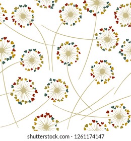 Dandelion blowing plant vector floral seamless pattern. Spring flowers with heart shaped fluff flying. Vector dandelion herbs meadow flowers floral background. Meadow blossom with hearts petals.