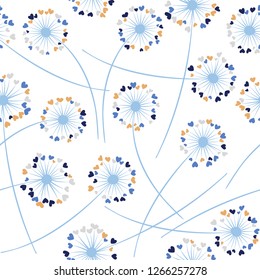 Dandelion blowing plant vector floral seamless pattern. Lovely flowers with heart shaped fluff flying. Dandelion herbs meadow flowers floral pattern design. Meadow blossom fabric print.