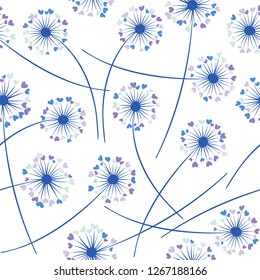 Dandelion blowing plant vector floral seamless pattern. Spring flowers with heart shaped fluff flying. Dandelion herbs meadow flowers floral pattern design. Hearts love symbols meadow blossom.