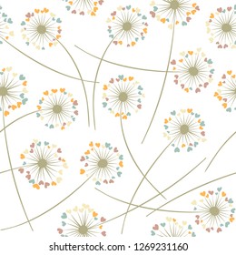 Dandelion blowing plant vector floral seamless pattern. May flowers with heart shaped petals. Dandelion herbs meadow flowers floral pattern design. Meadow blossom textile print.