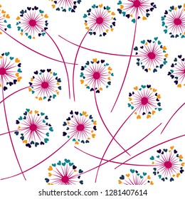 Dandelion blowing plant vector floral seamless pattern. May flowers with heart shaped petals. Dandelion herbs meadow flowers floral pattern design. Meadow blossom with hearts fuzz.