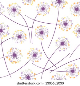 Dandelion blowing plant vector floral seamless pattern. May flowers with heart shaped fluff flying. Dandelion herbs meadow flowers floral pattern design. Meadow blossom textile print.