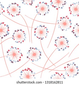 Dandelion blowing plant vector floral seamless pattern. May flowers with heart shaped fluff flying. Dandelion herbs meadow flowers floral pattern design. Meadow blossom with hearts petals.