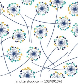 Dandelion blowing plant vector floral seamless pattern. Lovely flowers with heart shaped petals. Dandelion herbs meadow flowers floral pattern design. Meadow blossom with hearts fuzz.