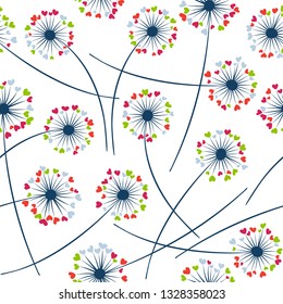 Dandelion blowing plant vector floral seamless pattern. Simple flowers with heart shaped petals. Dandelion herbs meadow flowers floral pattern design. Meadow blossom fabric print.