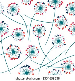 Dandelion blowing plant vector floral seamless pattern. Simple flowers with heart shaped petals. Dandelion herbs meadow flowers floral background design. Meadow blossom textile print graphics.