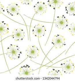 Dandelion blowing plant vector floral seamless pattern. Cute flowers with heart shaped petals. Dandelion herbs meadow flowers floral background design. Hearts love symbols meadow blossom.