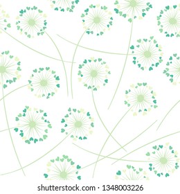 Dandelion blowing plant vector floral seamless pattern. Spring flowers with heart shaped fluff flying. Vector dandelion herbs meadow flowers floral background. Meadow blossom fabric print.