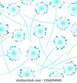 Dandelion blowing plant vector floral seamless pattern. Lovely flowers with heart shaped fluff flying. Dandelion herbs meadow flowers floral pattern design. Meadow blossom with hearts fuzz.