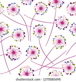 Dandelion blowing plant vector floral seamless pattern. Spring flowers with heart shaped fluff flying. Vector dandelion herbs meadow flowers floral background. Hearts love symbols meadow blossom.