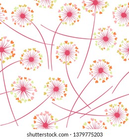 Dandelion blowing plant vector floral seamless pattern. Spring flowers with heart shaped fluff flying. Dandelion herbs meadow flowers floral pattern design. Meadow blossom with hearts fuzz.