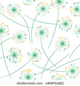 Dandelion blowing plant vector floral seamless pattern. Simple flowers with heart shaped fluff flying. Vector dandelion herbs meadow flowers floral background. Meadow blossom fabric print.