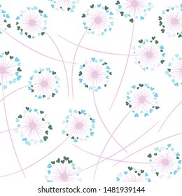 Dandelion blowing plant vector floral seamless pattern. May flowers with heart shaped petals. Dandelion herbs meadow flowers floral background design. Meadow blossom with hearts petals.