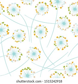 Dandelion blowing plant vector floral seamless pattern. Spring flowers with heart shaped petals. Dandelion herbs meadow flowers floral background design. Meadow blossom with hearts petals.