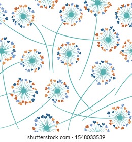 Dandelion blowing plant vector floral seamless pattern. Spring flowers with heart shaped fluff flying. Vector dandelion herbs meadow flowers floral background. Meadow blossom fabric print graphics.