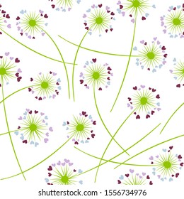 Dandelion blowing plant vector floral seamless pattern. May flowers with heart shaped petals. Dandelion herbs meadow flowers floral background design. Hearts love symbols meadow blossom.