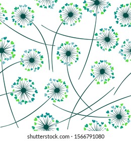 Dandelion blowing plant vector floral seamless pattern. Simple flowers with heart shaped fluff flying. Dandelion herbs meadow flowers floral background design. Meadow blossom textile print.