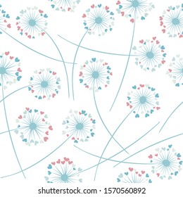 Dandelion blowing plant vector floral seamless pattern. May flowers with heart shaped fluff flying. Dandelion herbs meadow flowers floral background design. Meadow blossom fabric print.