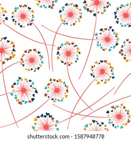 Dandelion blowing plant vector floral seamless pattern. Lovely flowers with heart shaped fluff flying. Vector dandelion herbs meadow flowers floral background. Meadow blossom with hearts petals.