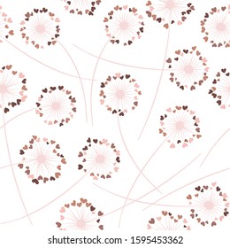 Dandelion blowing plant vector floral seamless pattern. May flowers with heart shaped fluff flying. Vector dandelion herbs meadow flowers floral background. Meadow blossom fabric print graphics.