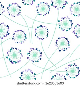 Dandelion blowing plant vector floral seamless pattern. May flowers with heart shaped petals. Vector dandelion herbs meadow flowers floral background. Meadow blossom textile print.