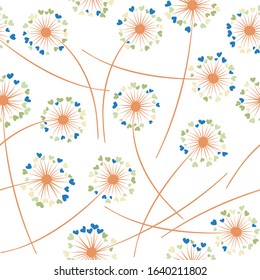 Dandelion blowing plant vector floral seamless pattern. Simple flowers with heart shaped fluff flying. Dandelion herbs meadow flowers floral pattern design. Meadow blossom with hearts petals.